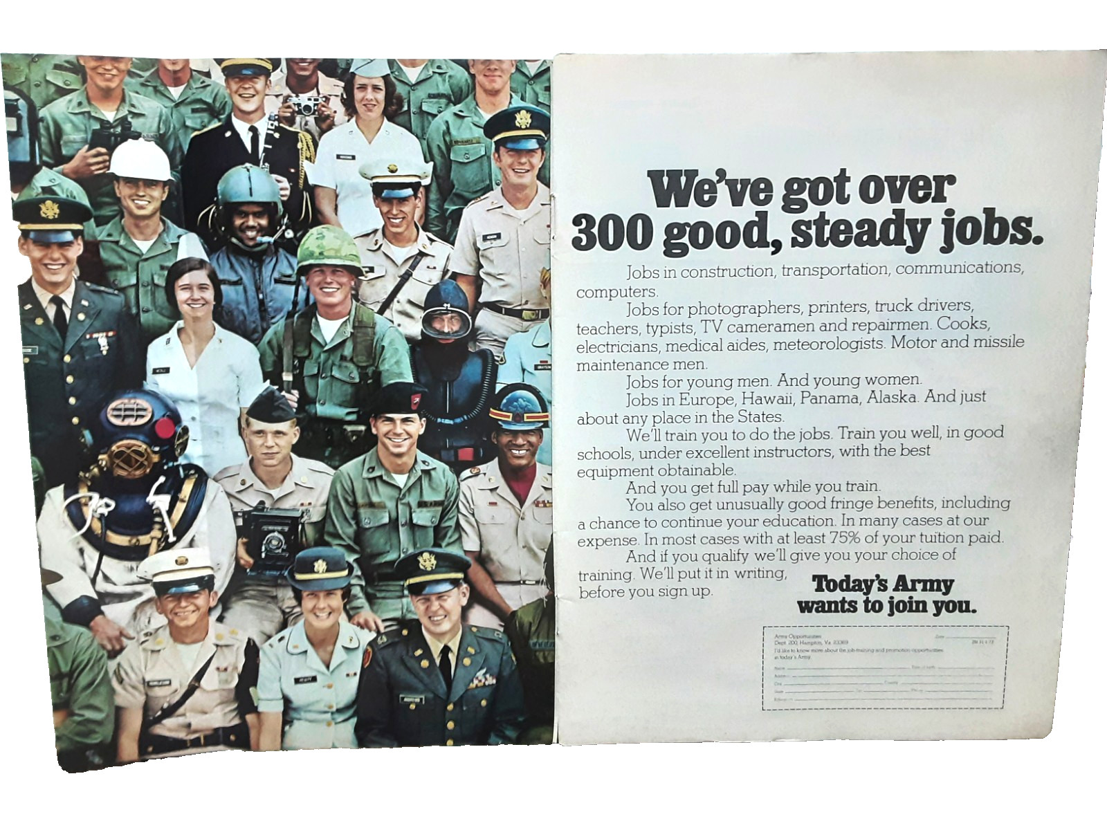 1972 U.S. Army Jobs Ad Vintage Military Print Recruiting Careers Promo
