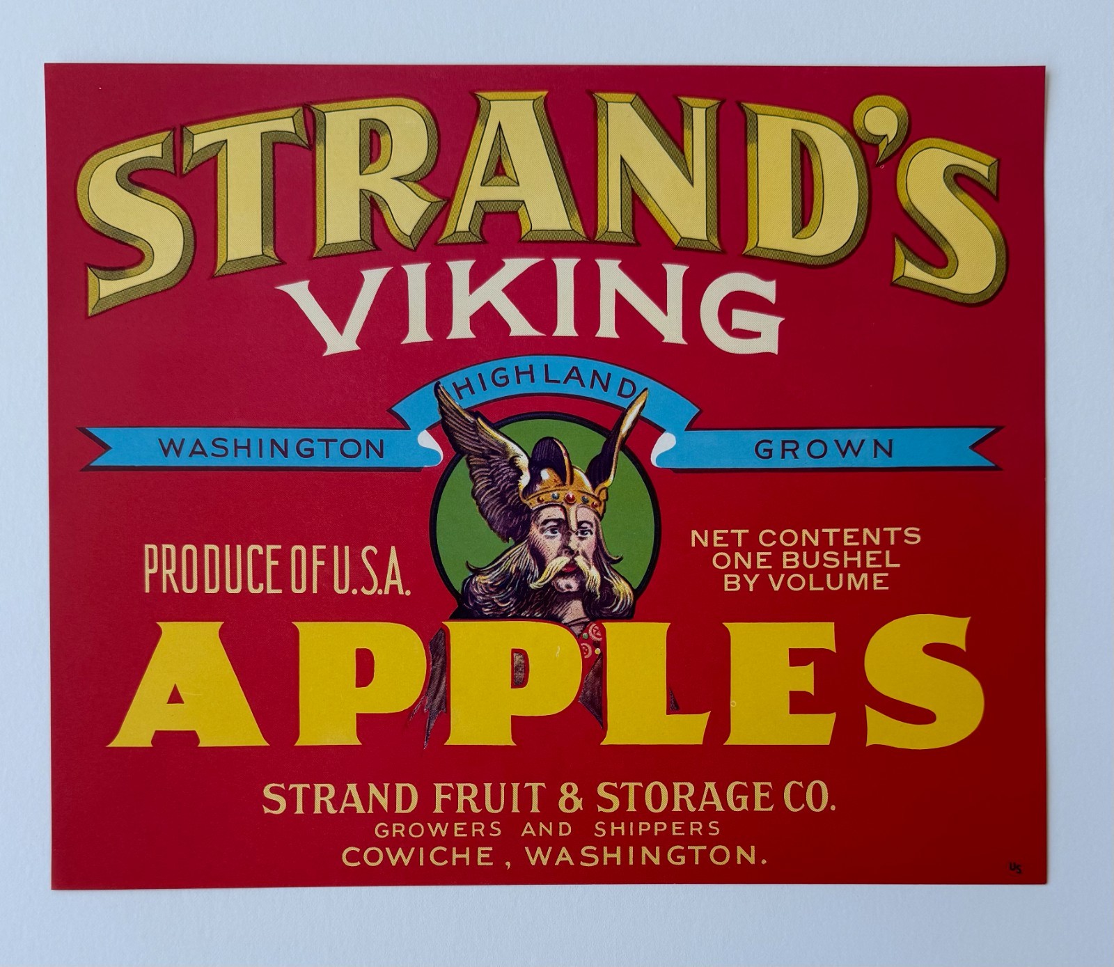 Vintage Strand’s Viking Apples Crate Label Cowiche Washington Viking Graphic