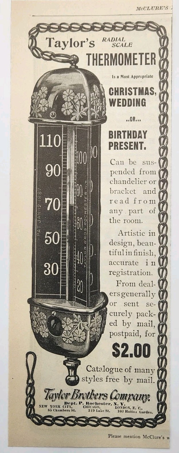 1901 Taylor Brothers Thermometer Victorian Print Ad Rochester NY New York 1