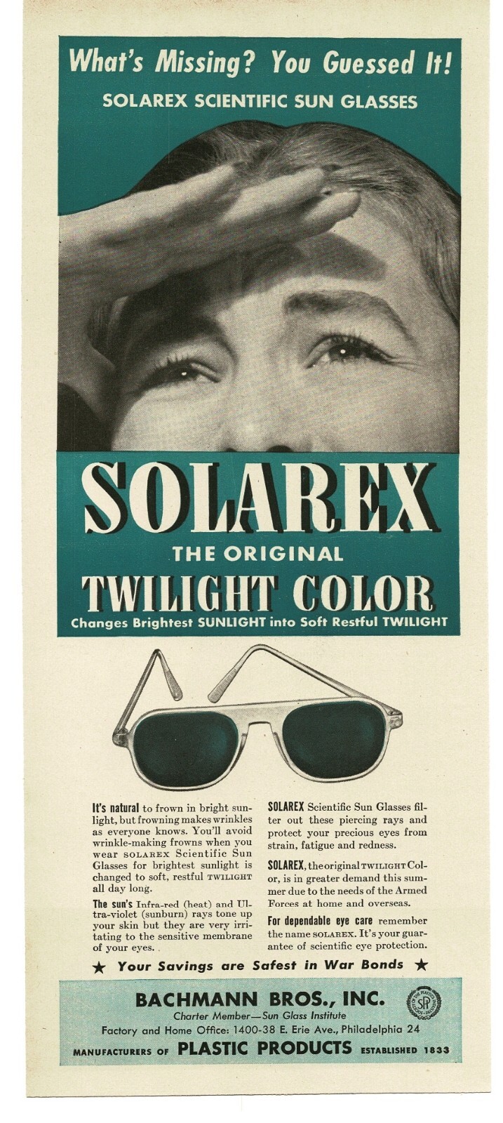 1945 Bachman Bros. Inc. Solarex Sun Glasses WWII Buy War Bonds Print Ad 2