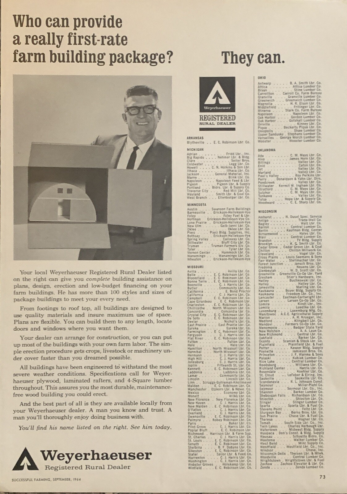 1964 Weyerhaeuser Farm Building Plan Design PRINT AD Rural Dealer List VTG 1960s