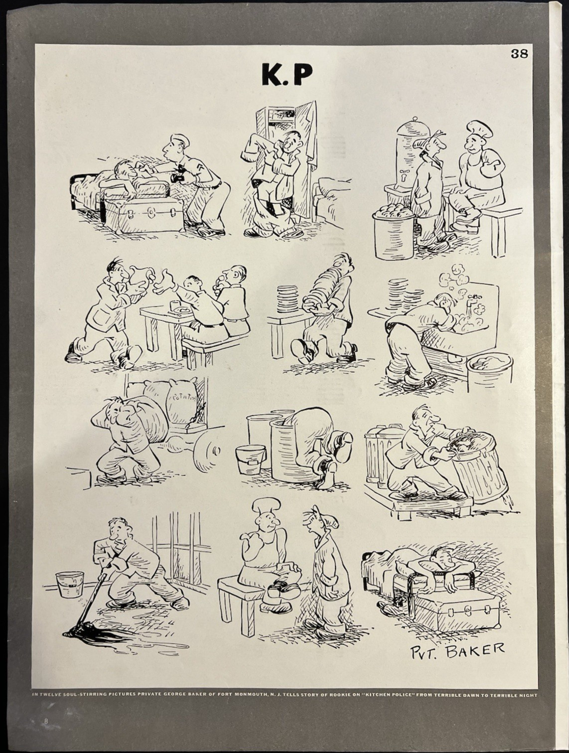 Vtg 1940s Full Page Military K.P. Duty Series of Funny Comic Strips-Pvt. Baker