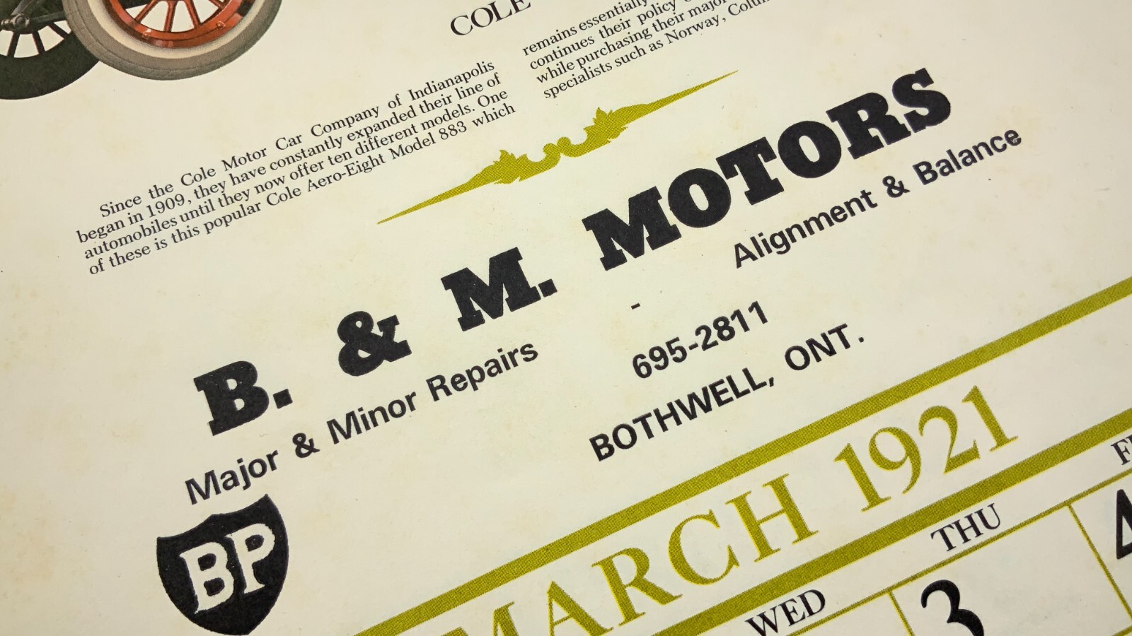 Automemories 1921 B&M Motors Bothwell Ontario 1977 Calendar Antique Cars EE640