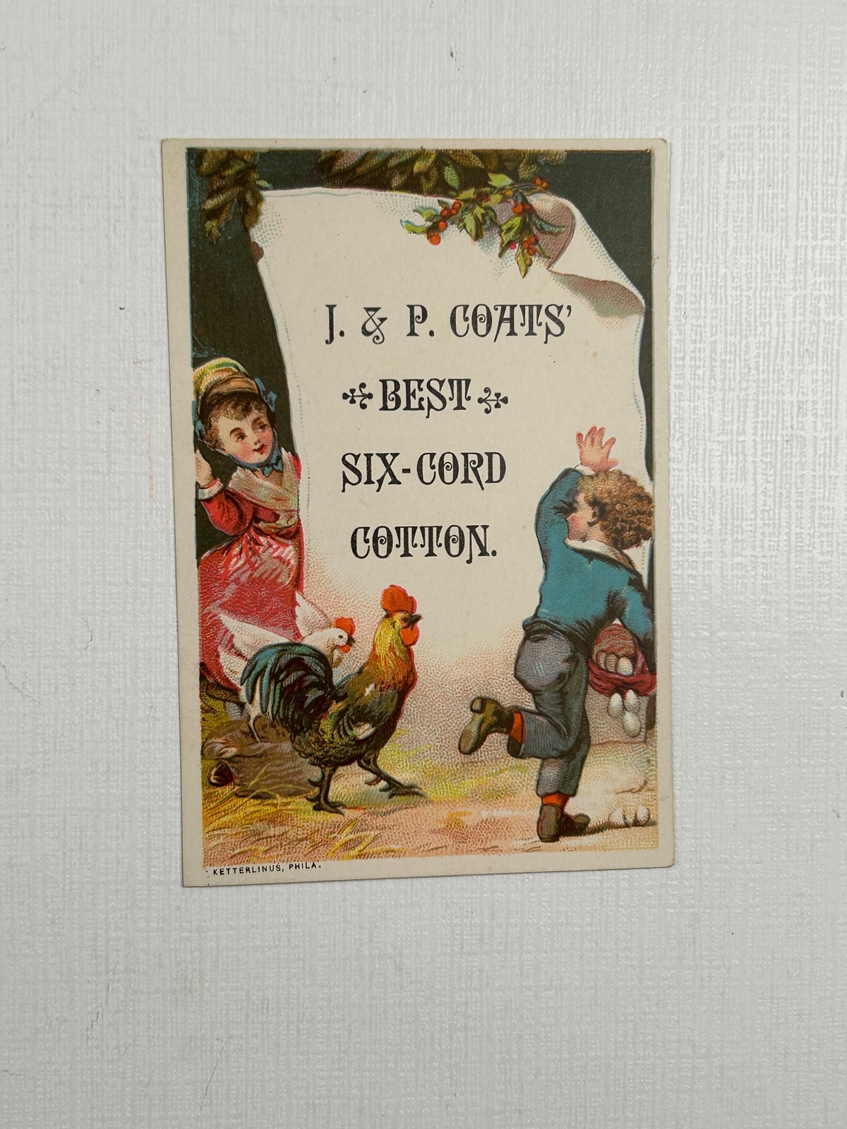 Victorian Trade Card J & P Coats’ Spool Cotton Kids + Rooster Chicken + Eggs
