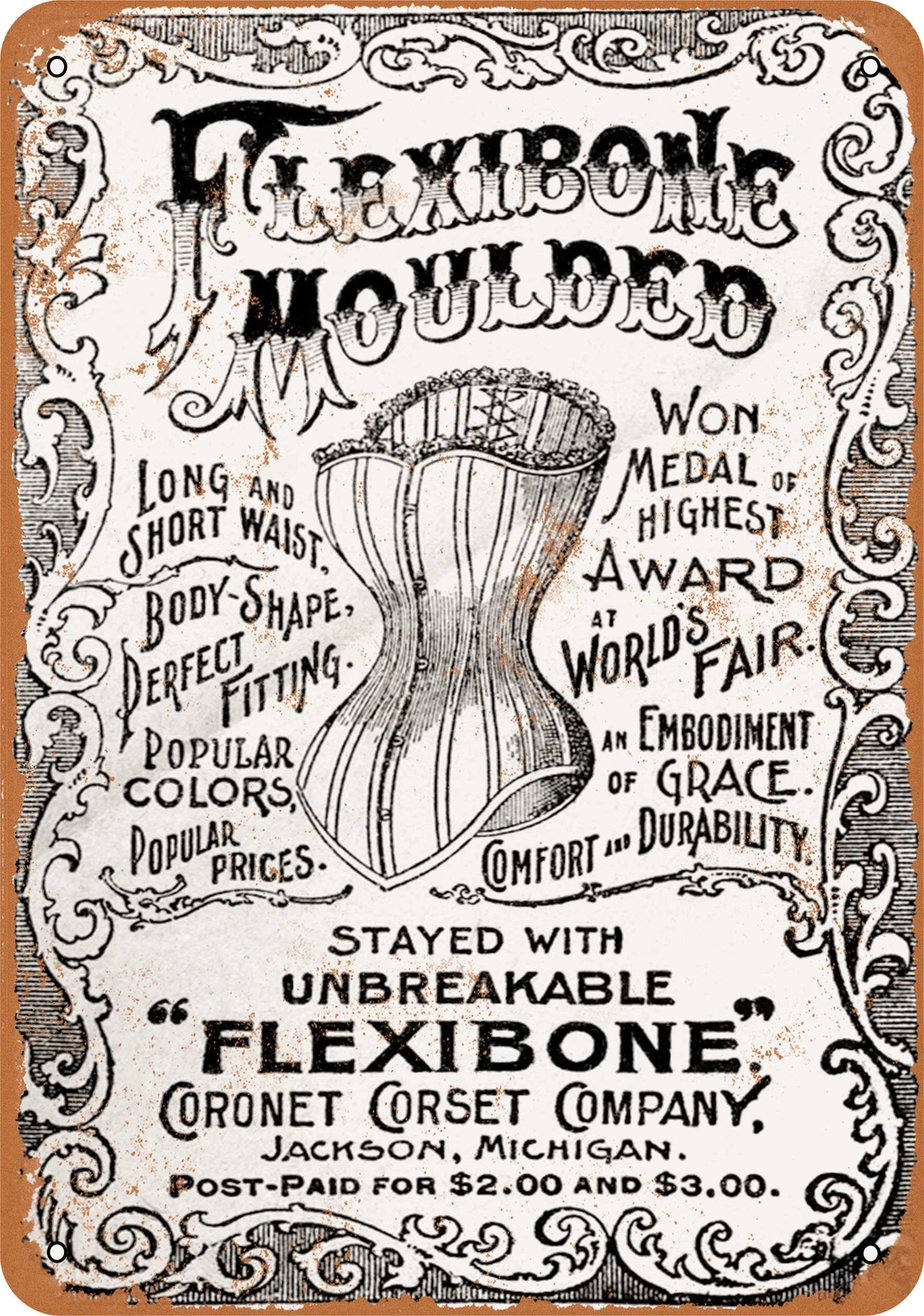 Metal Sign – 1895 Flexibone Corsets – Vintage Look Reproduction