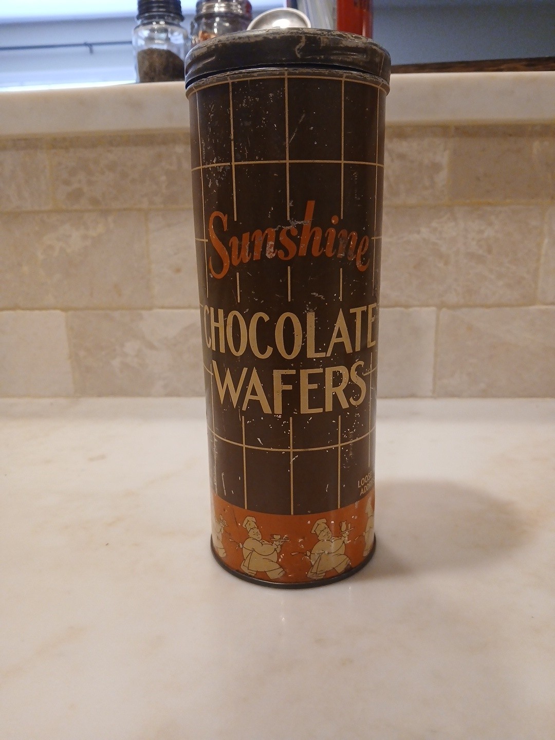 Sunshine Chocolate Wafers Brown & Orange Tin Loose-Wiles Biscuit Company