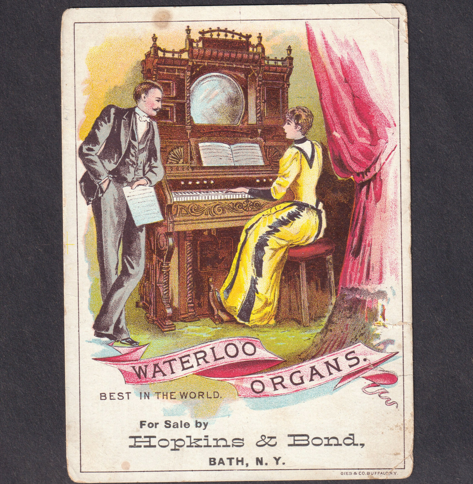 Bath NY 1800’s Waterloo Organ Hopkins & Bond Music Store Victorian Trade Card