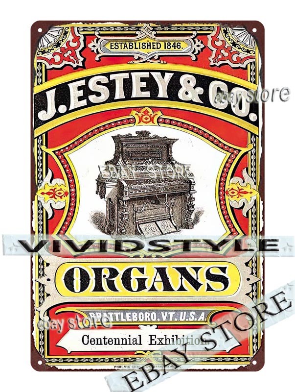 Tin Sign J. Estey & Co. Organs. Brattleboro Vermont scrapbook ephemera deco bar
