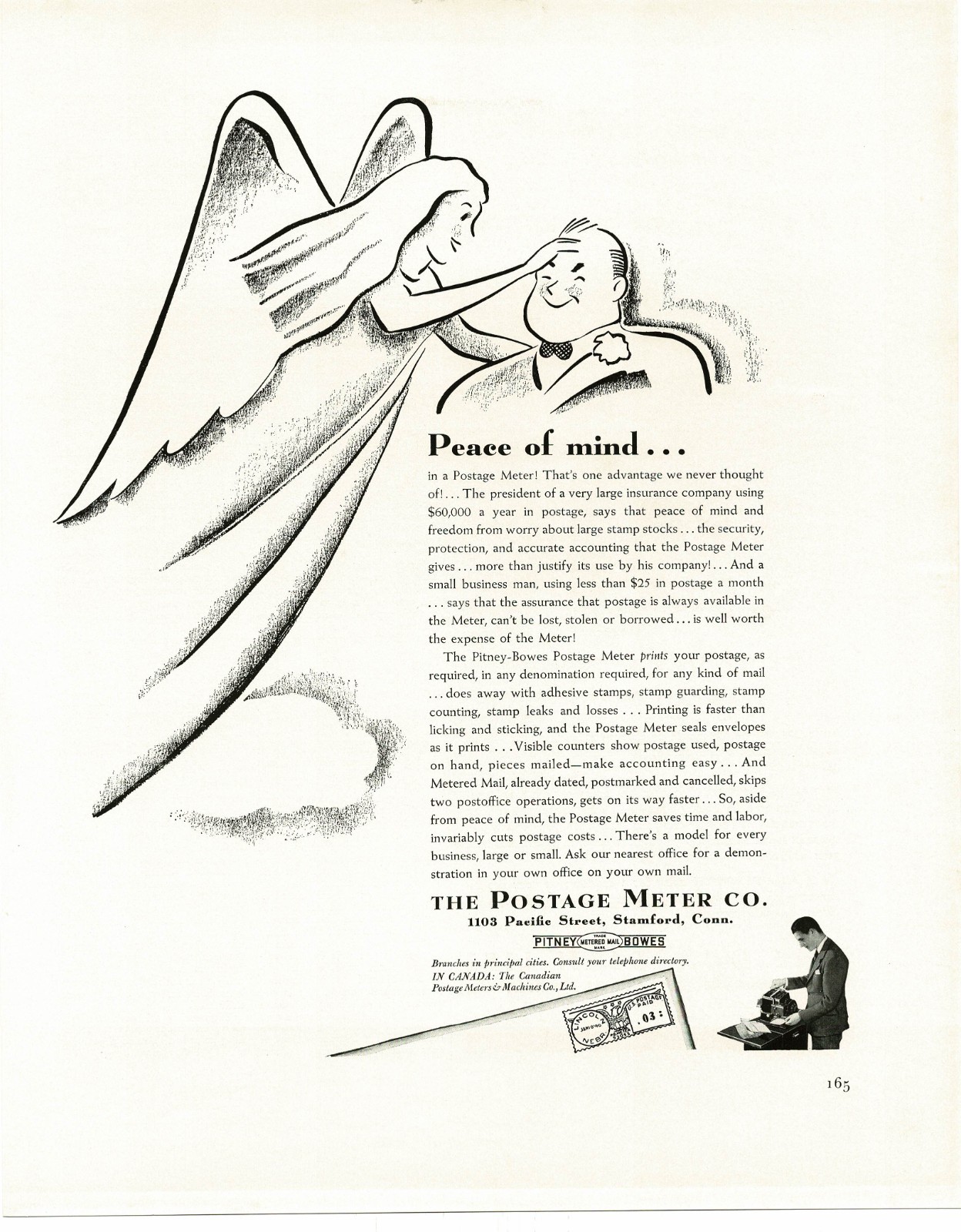 1940 Pitney Bowes Postage Meter Co. Angel Gives Peace Of Mind Vintage Print Ad