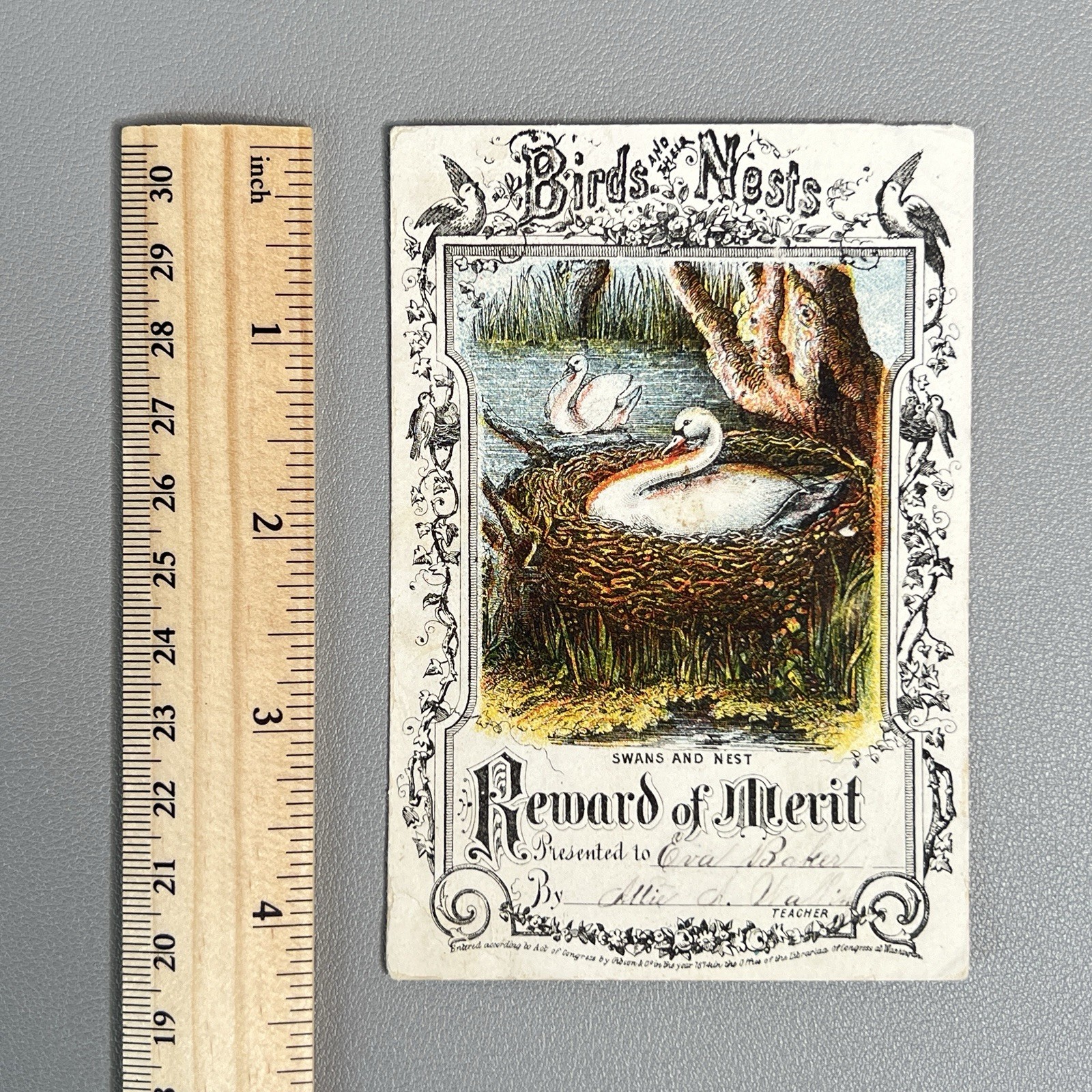 1874 Victorian Reward of Merit Card Gibson Co Swans Nest Antique Ephemera 3×4.5