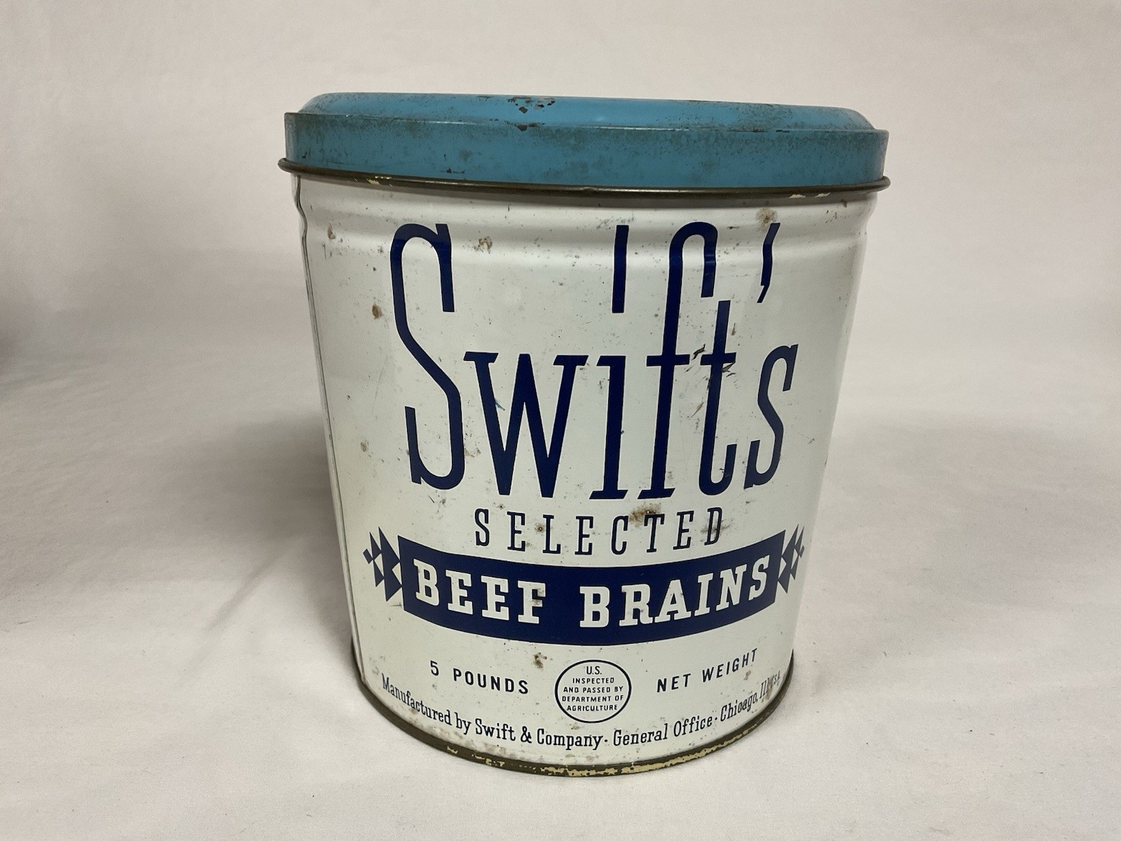 Rare Vintage Beef Brains Swift’s Chicago Tin Dk Blue Lid Halloween Decor Farm