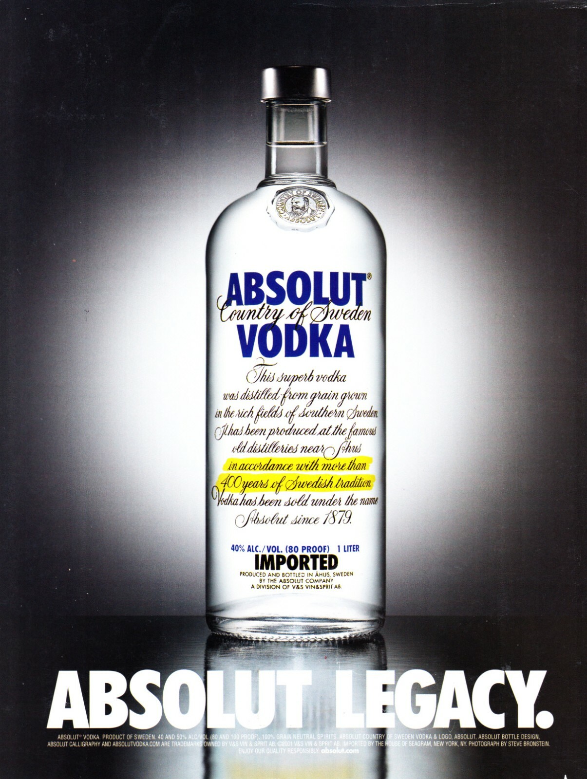 ABSOLUT LEGACY VODKA AD 2001 VERY RARE OUT OF PRINT BACK COVER WEAR