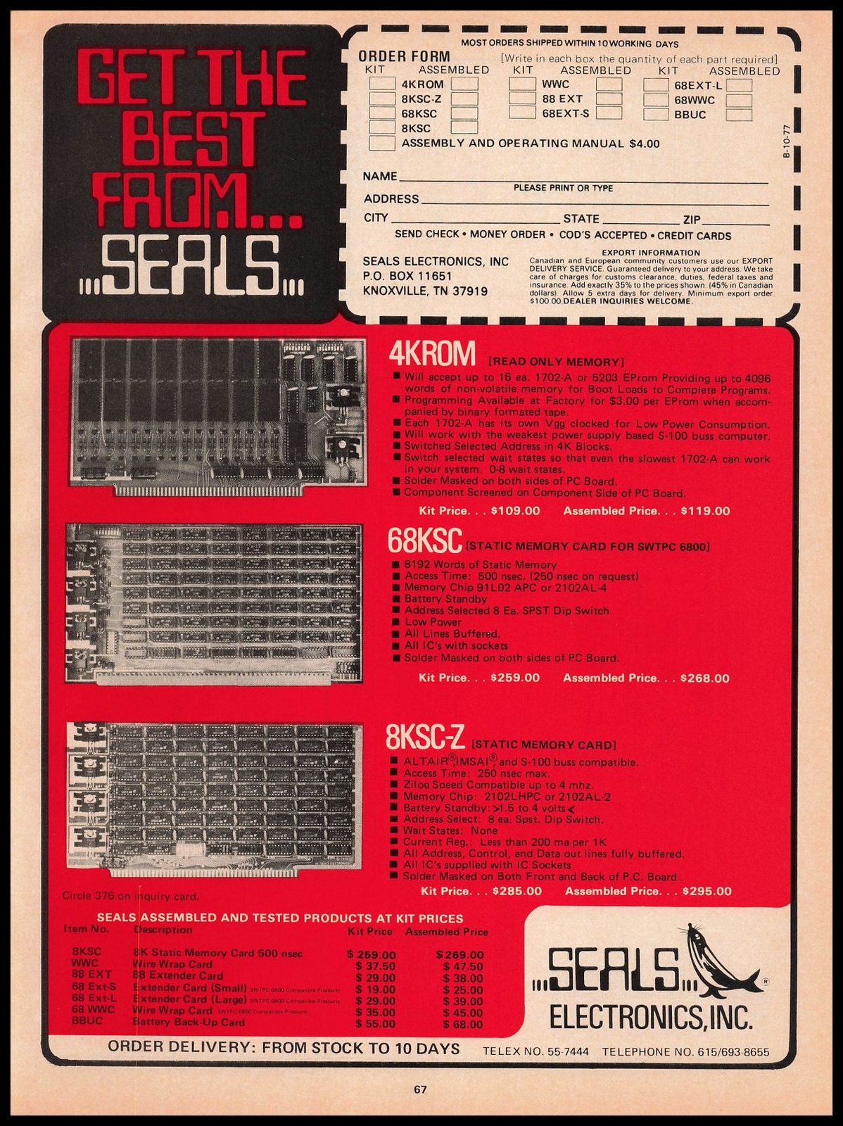 1977 Seals Electronics Inc. Knoxville Tennessee Computer Memory Cards Print Ad