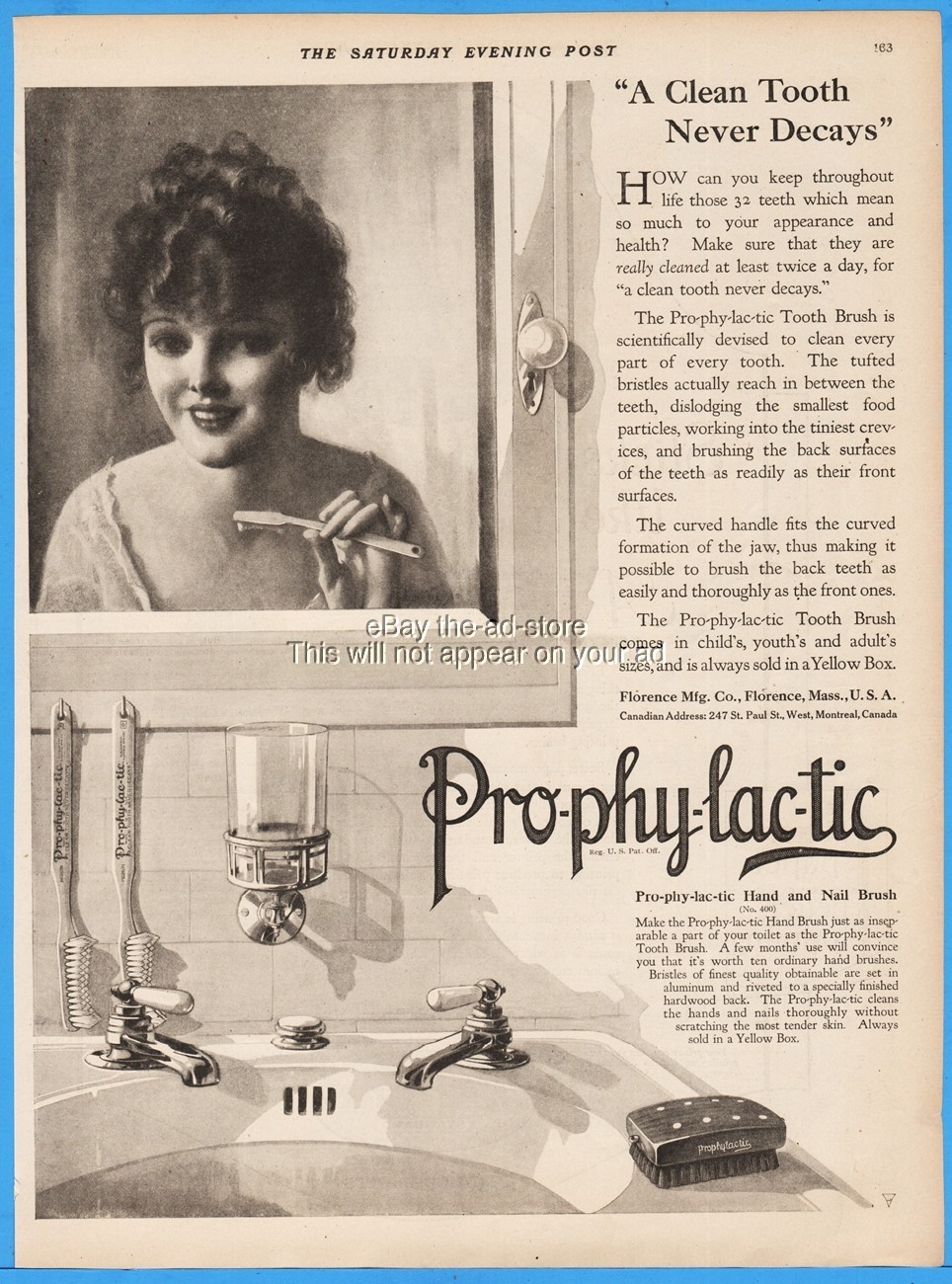 1920 Prophylactic Toothbrush Dental Care Tooth Brush Florence MA Bathroom Ad