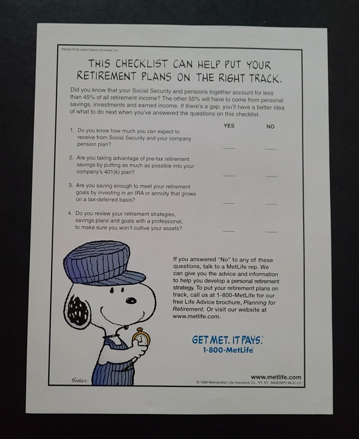 Met Life – Schulz – PEANUTS Snoopy Train Conductor Magazine Print Ad (1998)