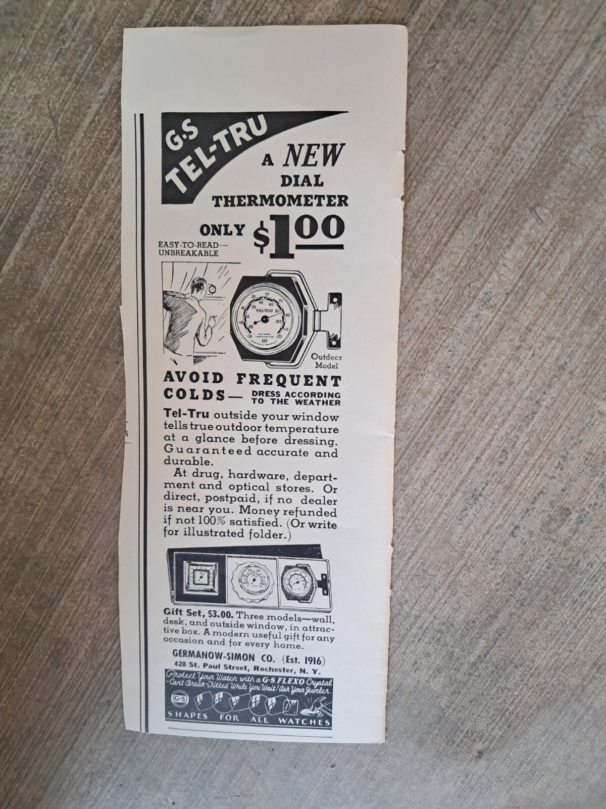1937 print ad: New G-S Tel-Tru Dial Thermometer-Ony $1-Tells True Outdoor Temp