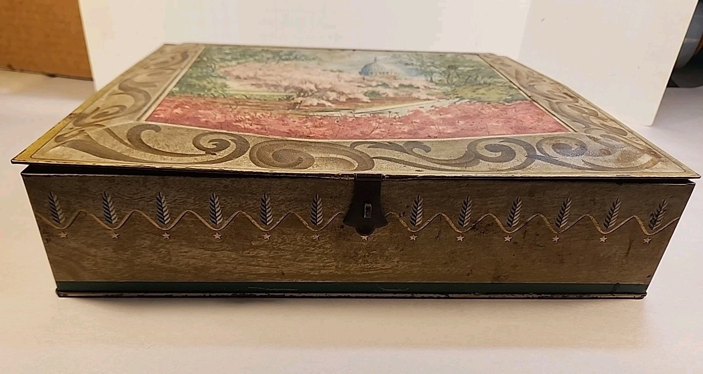 Sunshine Biscuits Empty Hinged Tin Box USA Washington DC Cherry Blossoms VTG
