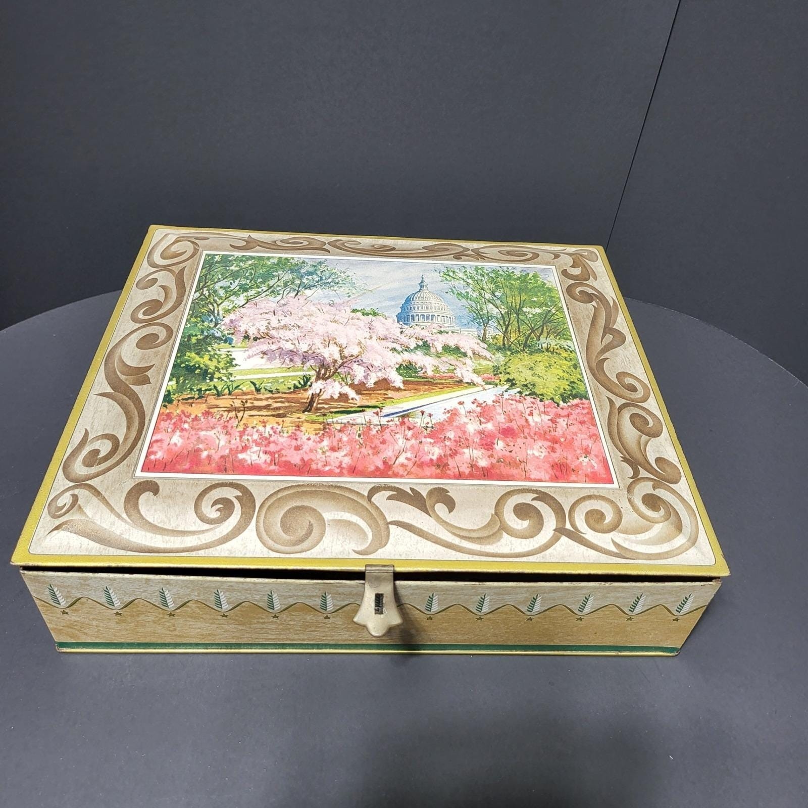 Vintage Sunshine Biscuits Tin US Capitol Cherry Blossoms 12in Square” Empty”