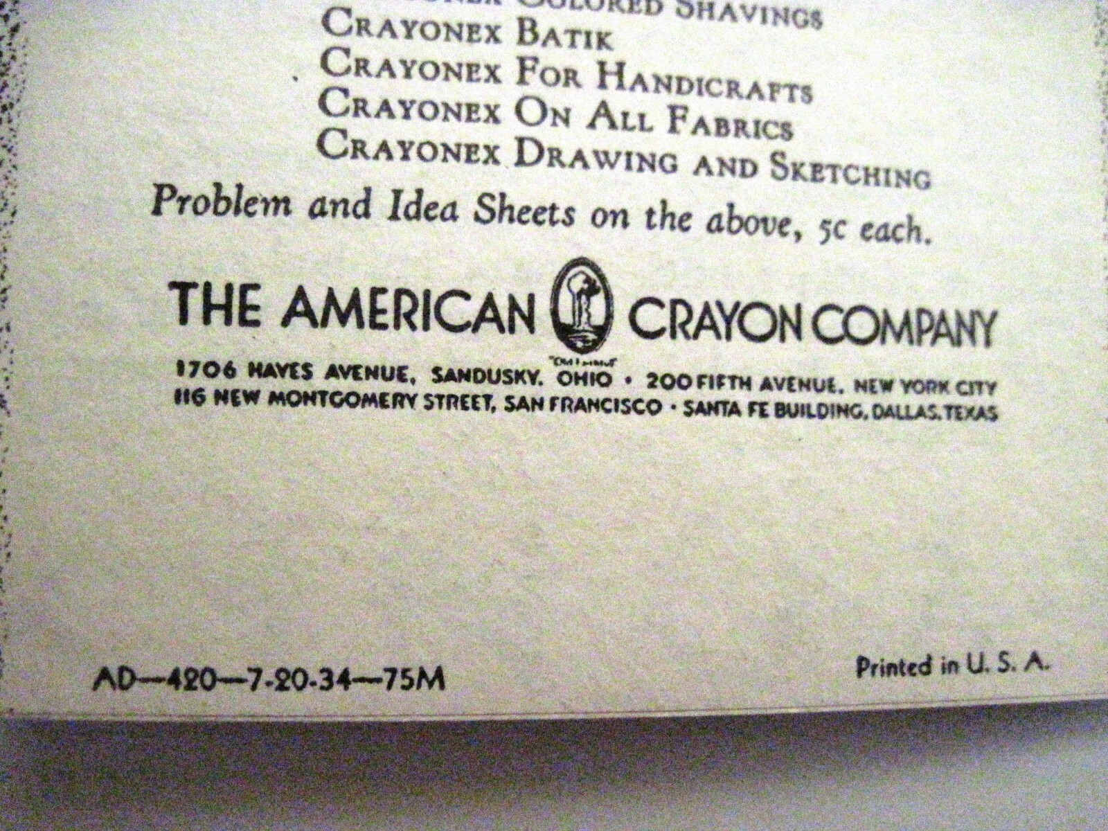 1934 Brochure for “Crayonex” – Wax Crayons by “The American Crayon Company” *