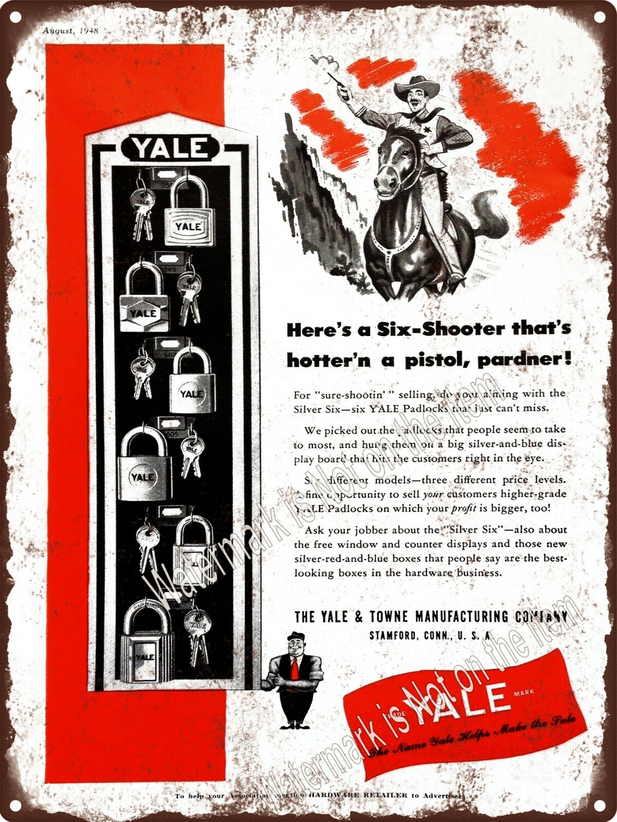 1948 YALE & TOWNE PADLOCK MFG CO SILVER SIX Metal Sign 9×12″ A364