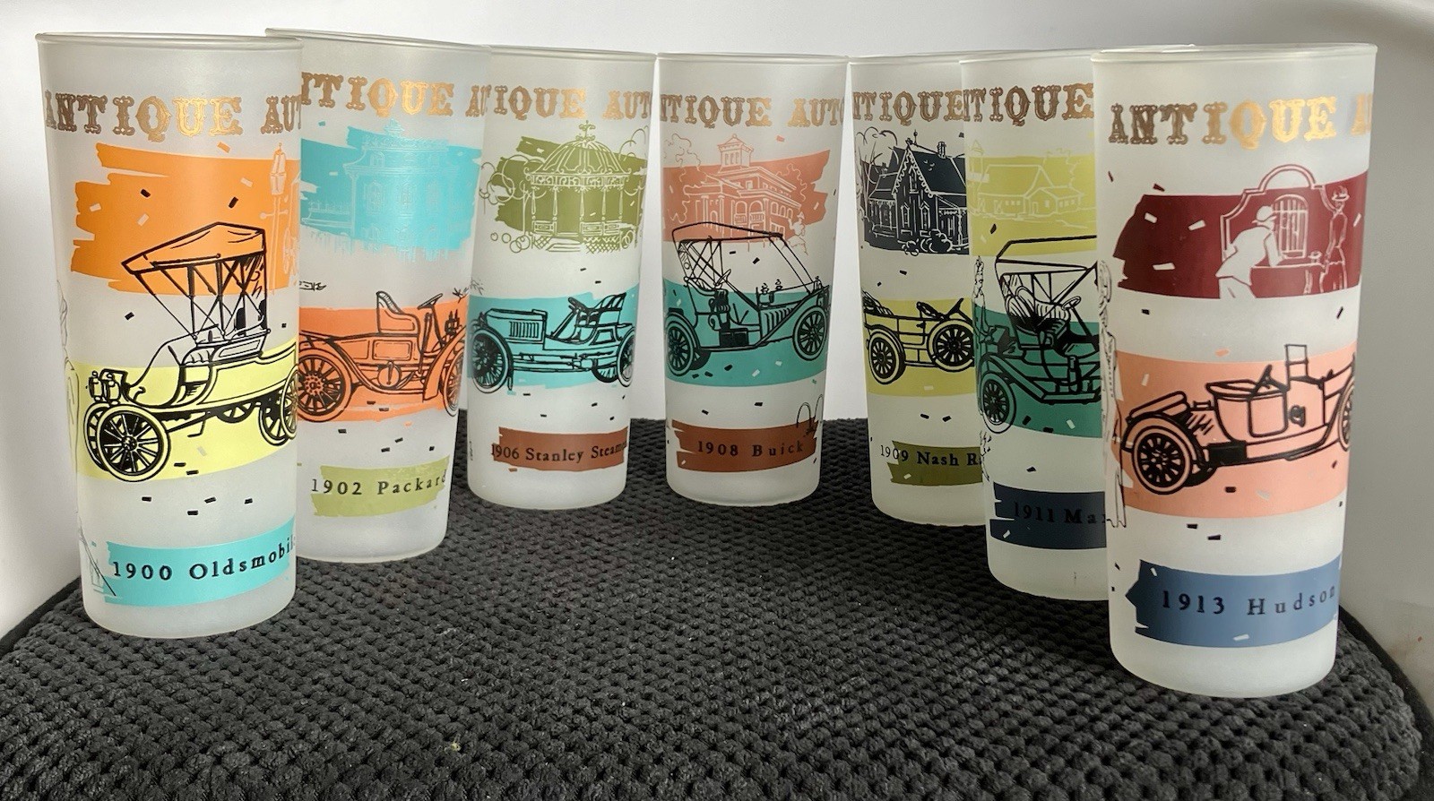 8 Vintage Frosted 1950’s Bar Glasses Hazel Atlas Antique Autos