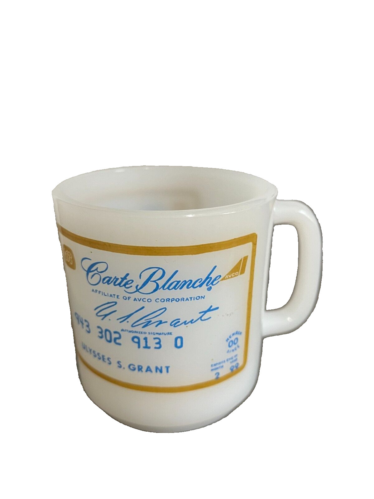 Vintage Carte Blanche Credit Card Avco Ulysses Grant 3.5” Milk Glass Mug
