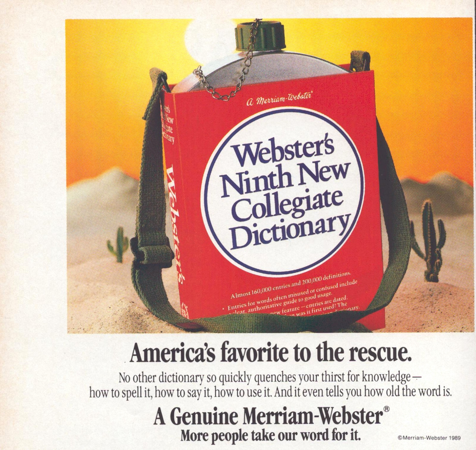 Webster’s Dictionary Collegiate Canteen Desert Cactus Vintage Print Ad 1991