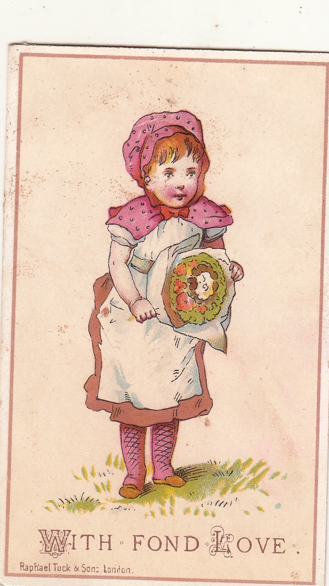 With Fond Love Raphael Tuck Girl in Pink Posy of Flowers Vict Card c1880s