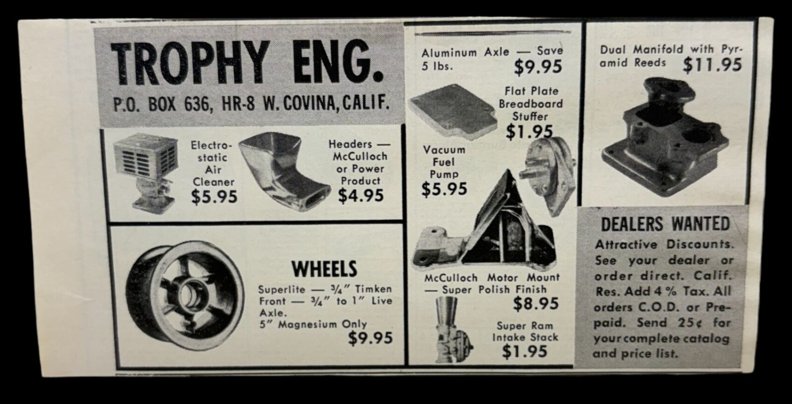 Trophy Eng Vintage Print Ad 1960s Auto Parts Racing Covina CA