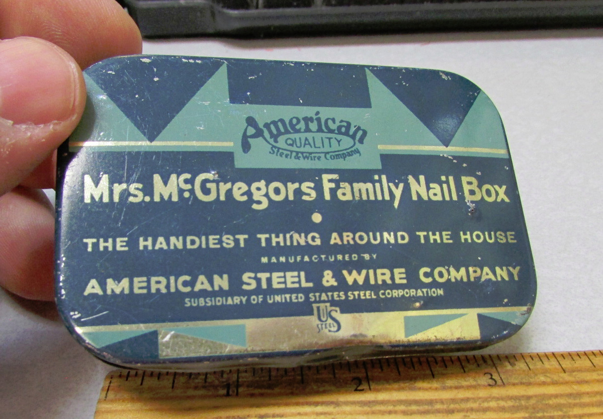 Vintage empty Mrs McGregors Family nail box tin, great colors, man cave decor