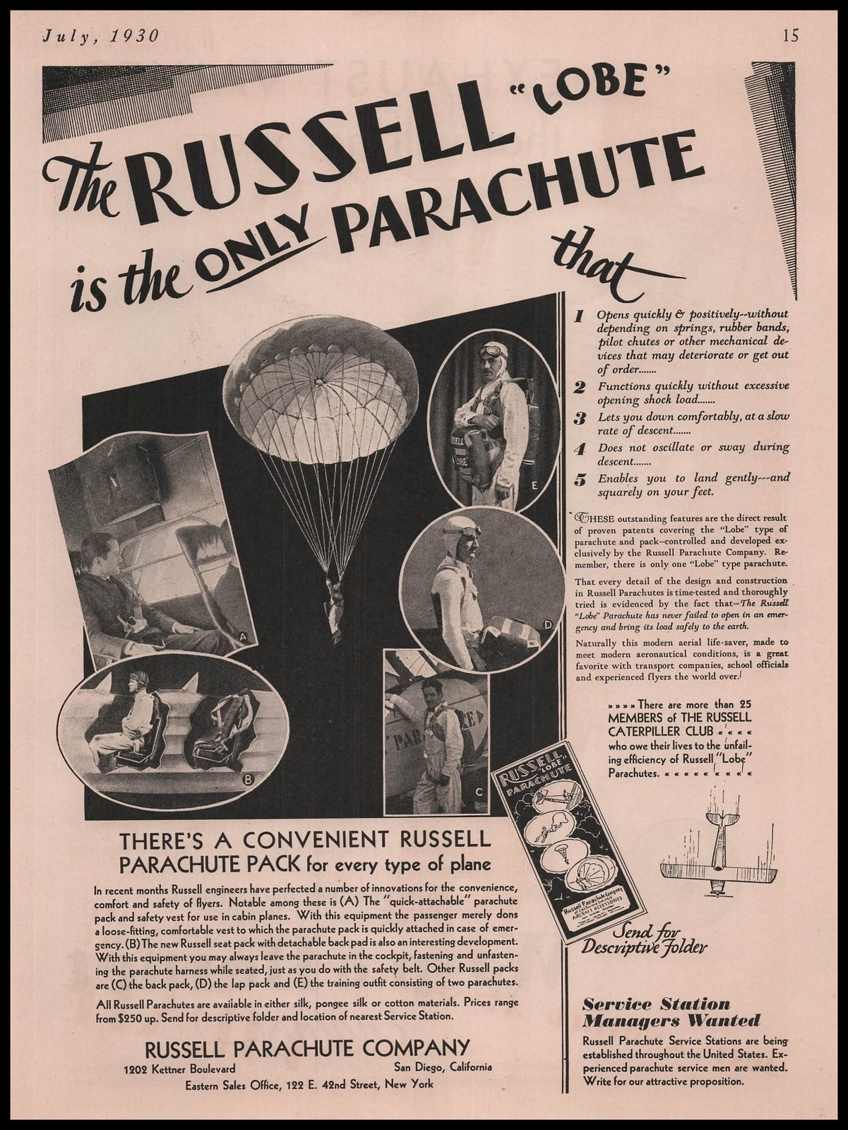 1930 Russell Parachute Co. San Diego California Photos Lobe Parachutes Print Ad