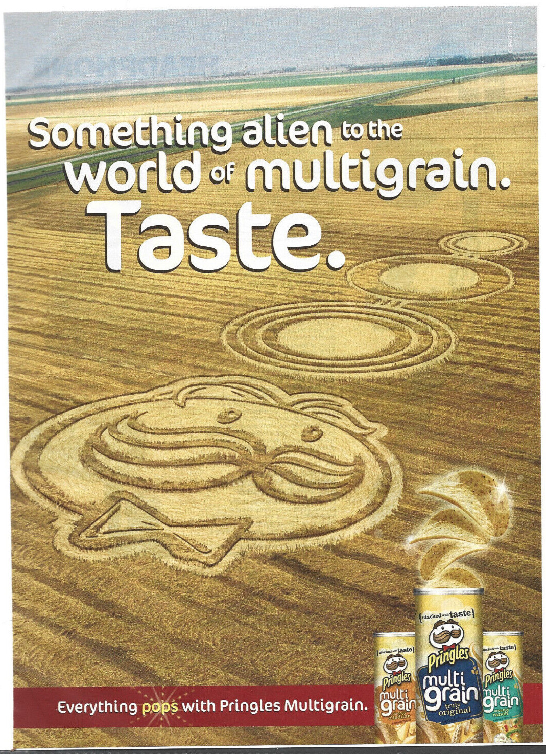 Pringles Multi-Grain Magazine Print Ad with Crop Circles in Wheat Field