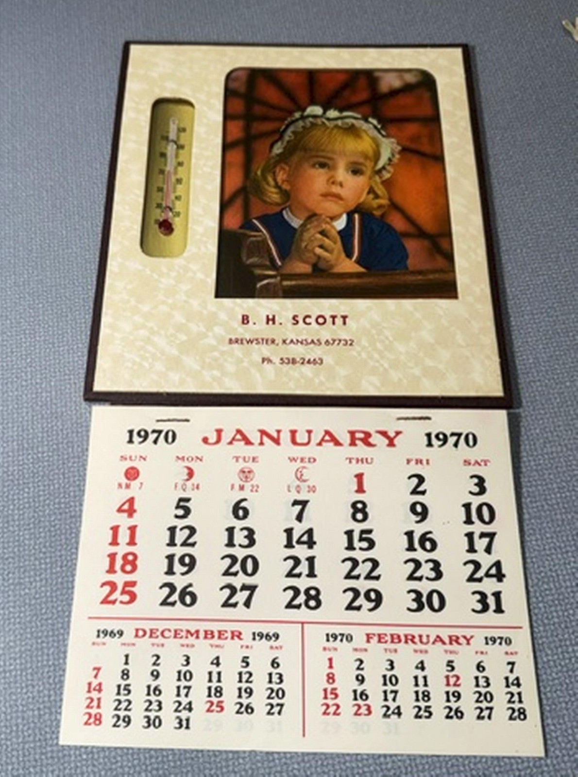 1970 Advertising Thermometer Calendar Brewster Kansas Little Girl Praying