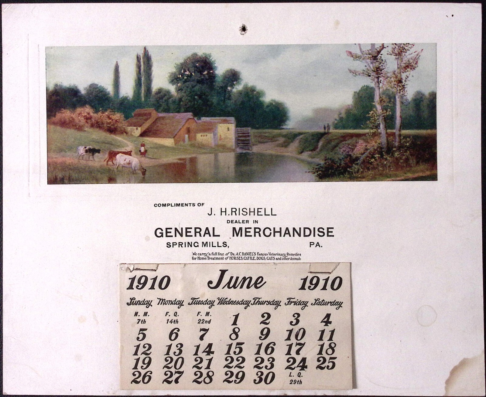 1910 J.H. Rishell General Merchandise Spring Mills PA Calendar JUN – DEC ONLY