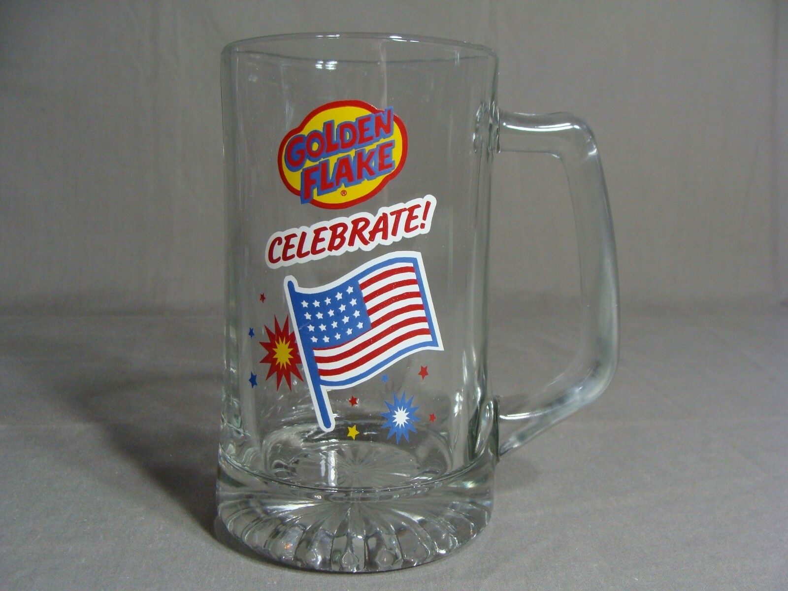 1 Golden Flake Heavy Clear Glass Handled 20 Oz. Mug With Celebrate Design