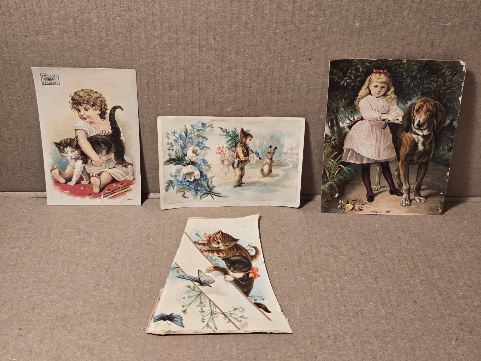 Lot of 4 Antique Victorian Trade Cards 1890s Children Cats Dog Bunny Indiana