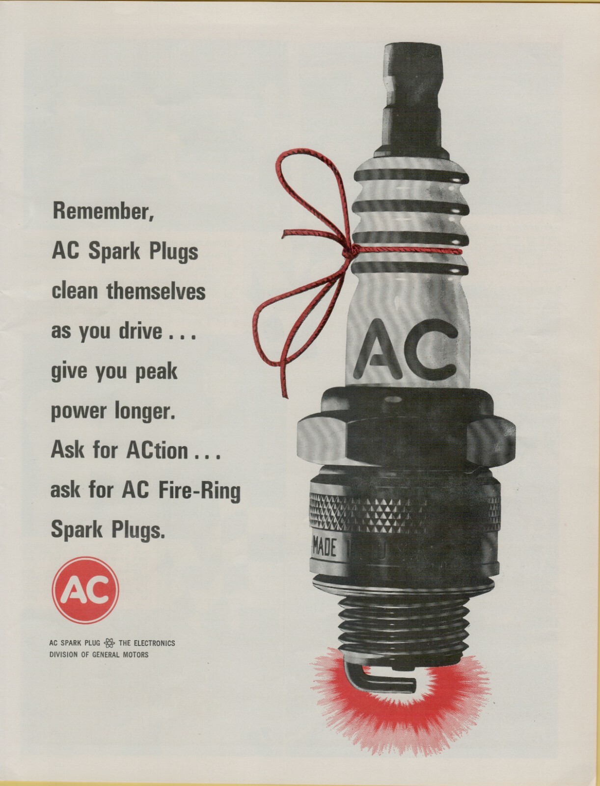 1965 AC Spark Plugs Clean Themselves as You Drive Photo Vintage Print Ad