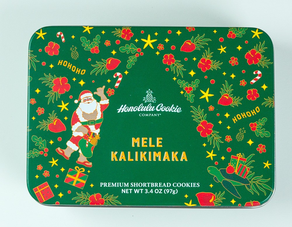 Christmas Holiday Cookie Tin Metal Gift Box Honolulu Cookie Mele Kalikimaka