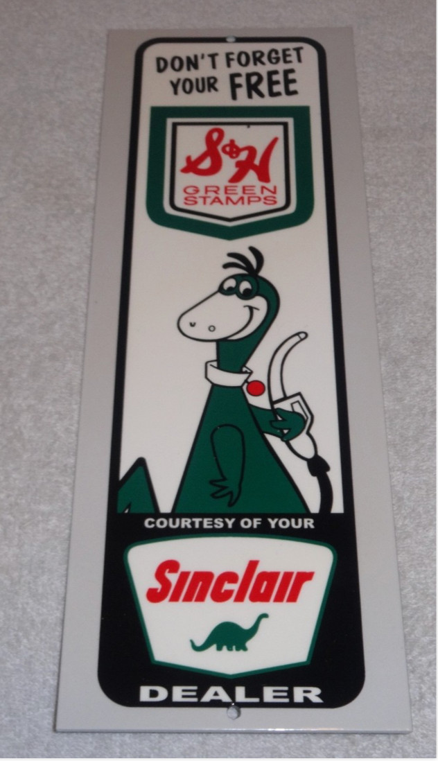 VINTAGE SINCLAIR GASOLINE AND S & H GREEN STAMPS 15″ METAL GAS & OIL SIGN W DINO