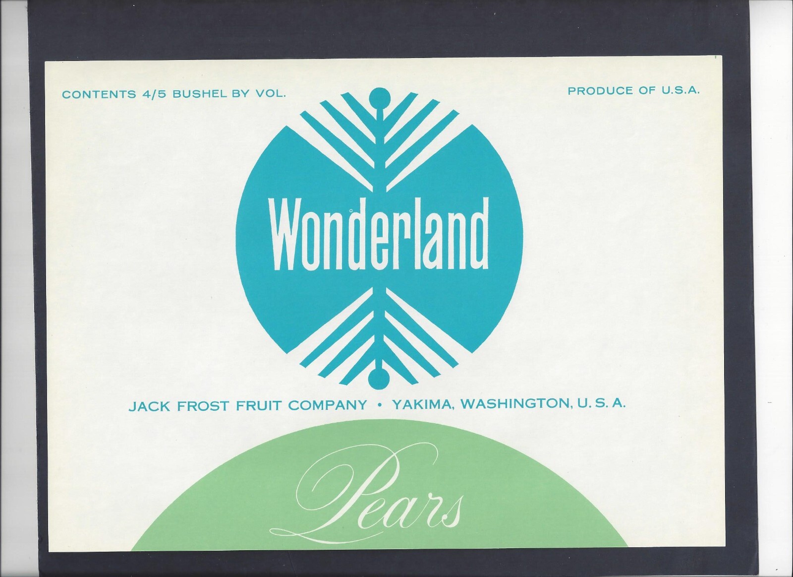 Original scarce WONDERLAND pear crate label Jack Frost Fruit Company Yakima WA