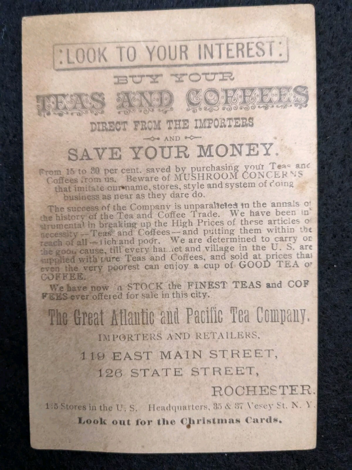 Great Atlantic Pacific Tea Co 1880 Victorian Trade Card Rochester NY Switzerland