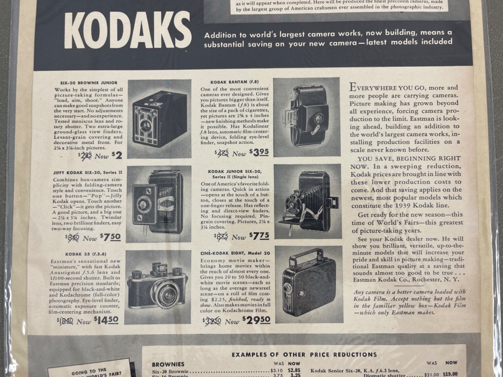 vintage 1939 Eastman Kodak Print Ad “New Low Prices of Kodaks” 10 1/4″ x 14″