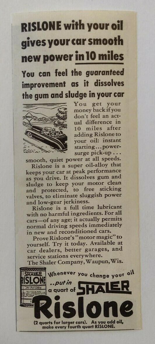 1949 Shaler Rislone Advertisement Waupun, Wisconsin