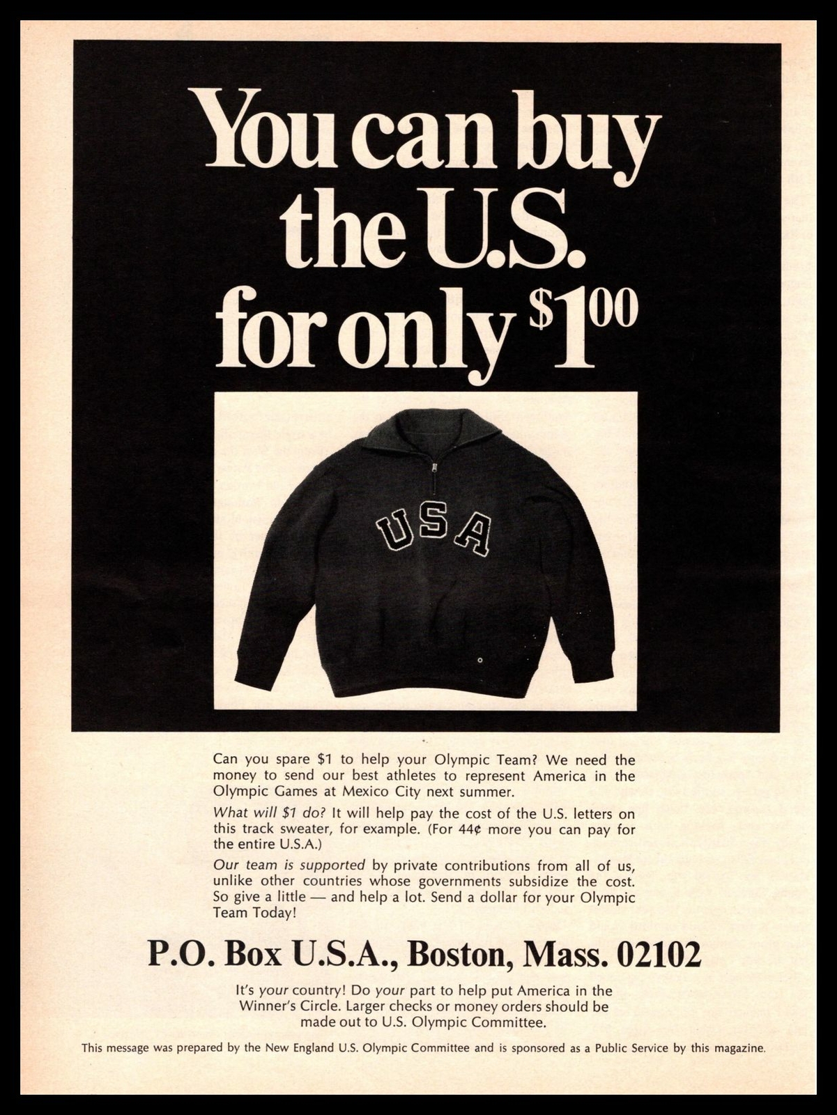 1968 USA Olympic Team Mexico City Track Sweater $1.00 Offer Vintage Print Ad