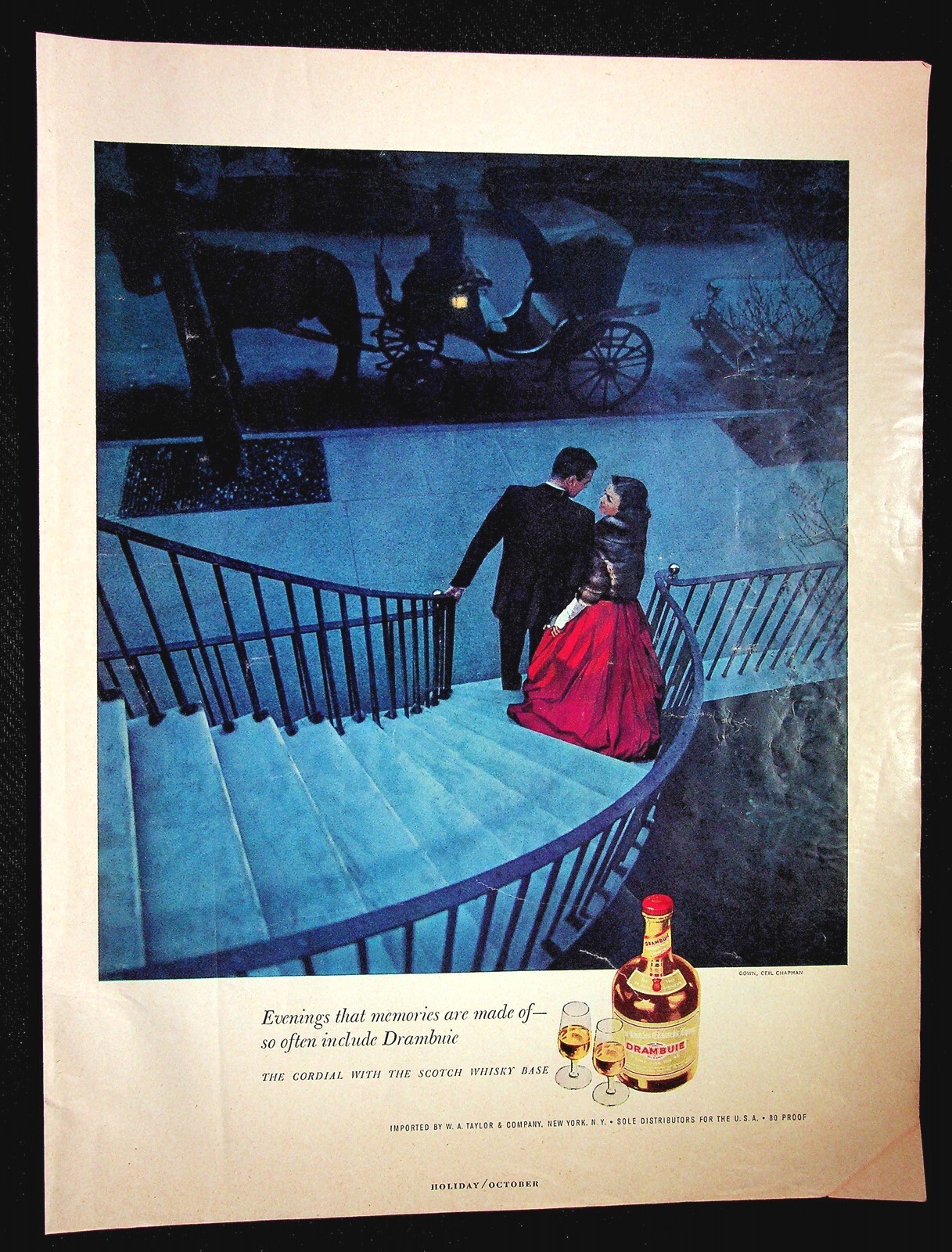 Drambuie, Man and Woman in Formal Wear, Horse/Buggy, 1965 Holiday VTG Print Ad