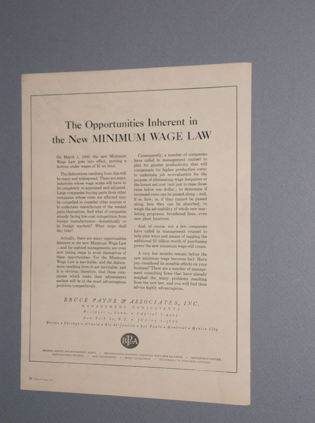 1955 MAGAZINE AD TOUTING THE HORROR OF THE NEW $1.00 PER HOUR MINIMUM WAGE LAW