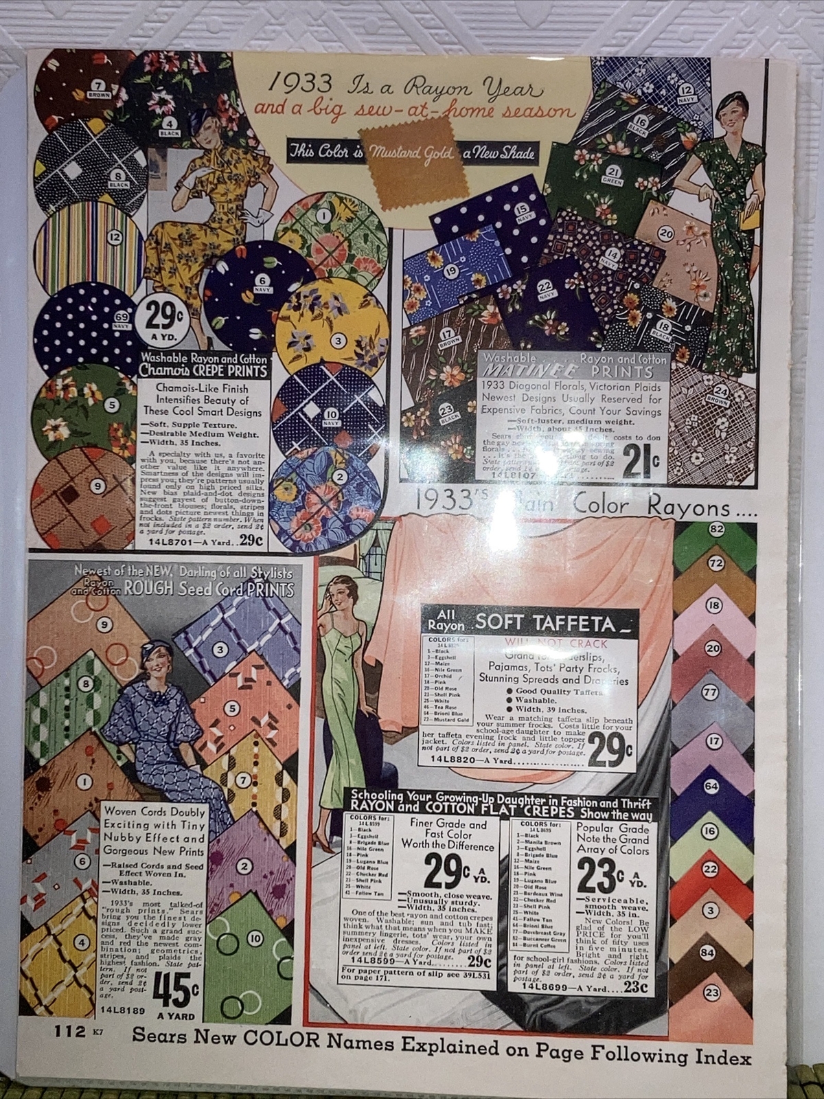 1933 Color Print Ad Fabric Rayon Corduroy Velvets Suiting Sears