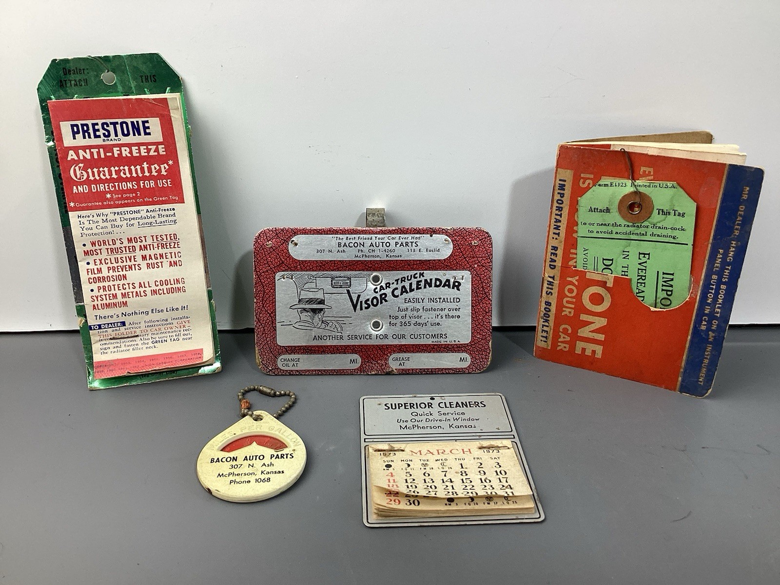 Lot of Vintage Auto Advertising Collectibles, Prestone Booklet, Visor Calendar