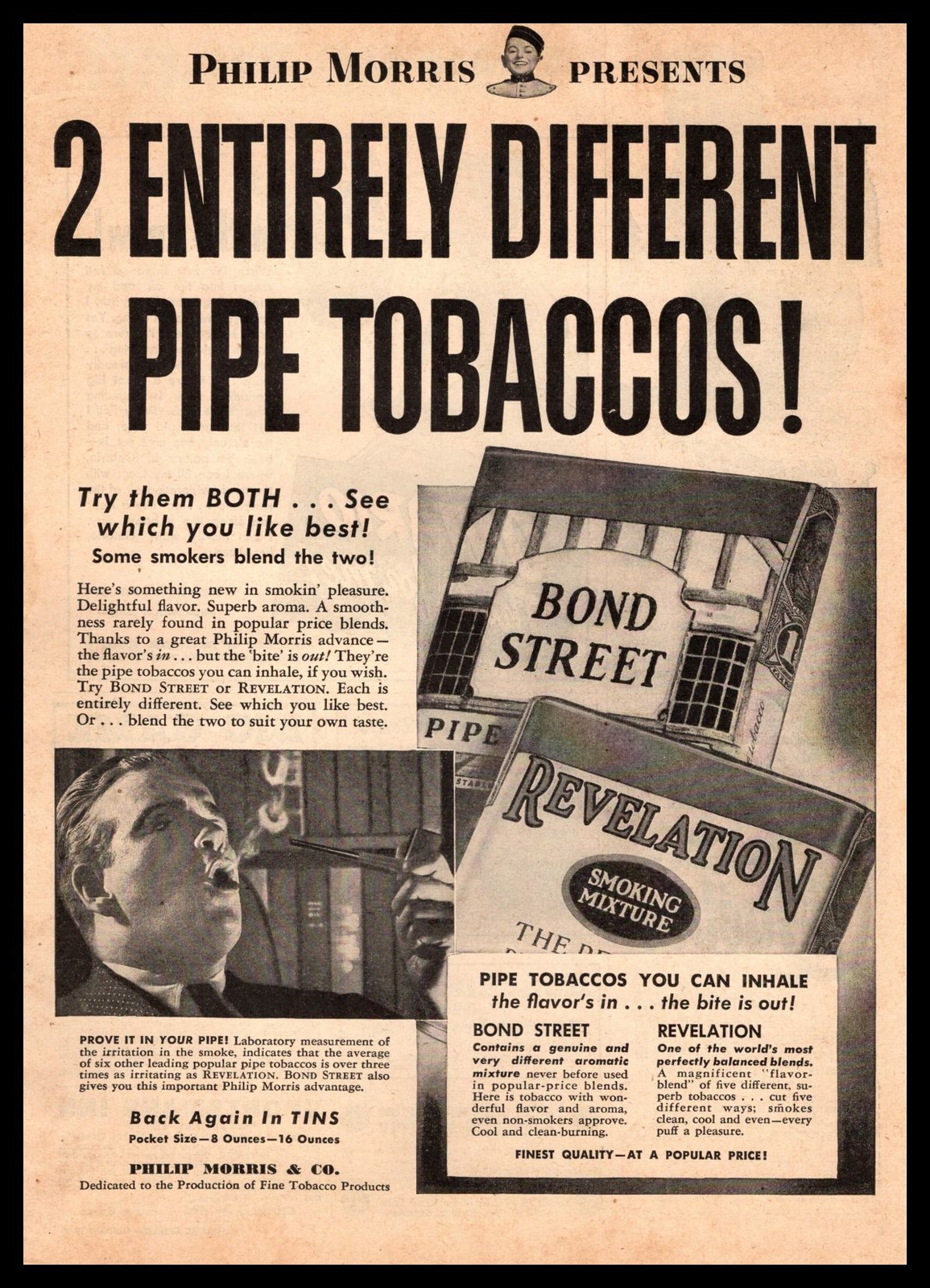 1946 Philip Morris Bond Street Pipe Tobacco Revelation Smoking Mixture Print Ad