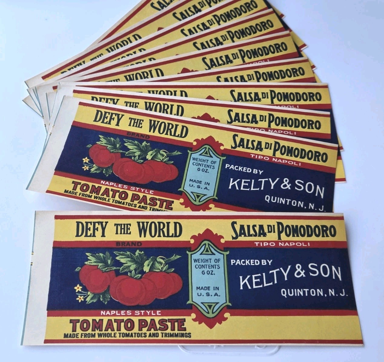 (10) DEFY THE WORLD TOMATO PASTE PAPER LABELS Est. 1940s QUINTON NJ EX COND